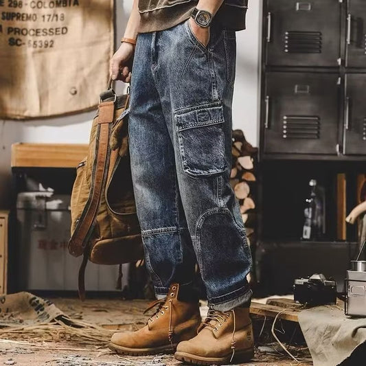 Multi-pocket Straight-leg Trousers Retro Plus Size Pants Cropped